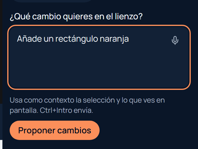 Captura del asistente de IA con la petición «Añade un rectángulo naranja» y el botón Proponer cambios